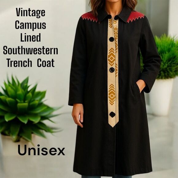 Campus Jackets & Blazers - Vintage Campus Permanent Press Black Unisex Southwestern Embellished Trench Coat